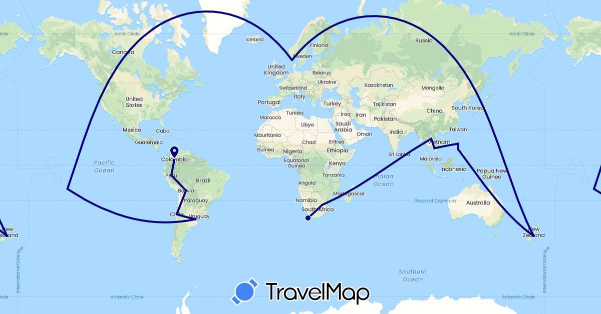 TravelMap itinerary: driving in Argentina, Bolivia, Chile, Colombia, France, Cambodia, Laos, Norway, New Zealand, Peru, Philippines, South Africa (Africa, Asia, Europe, Oceania, South America)